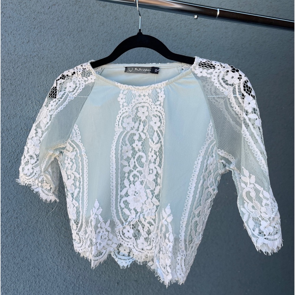 RARE For Love and Lemons blue and white lace cropped short sleeve top